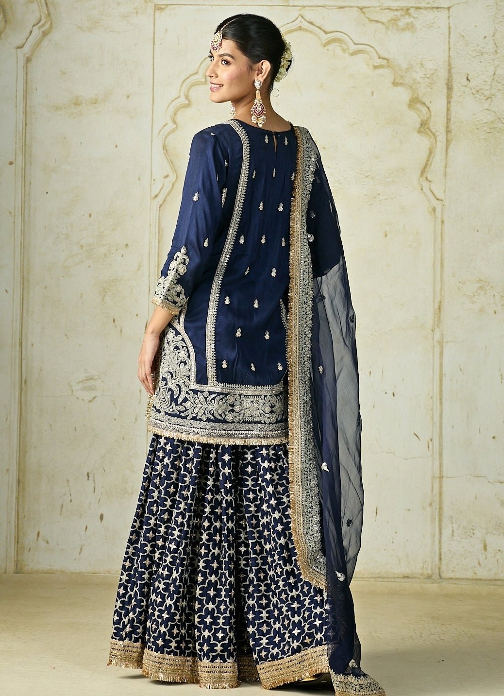 Gopi Vaid Navy Blue Tussar Kurta Sharara SetFabilicious Fashion