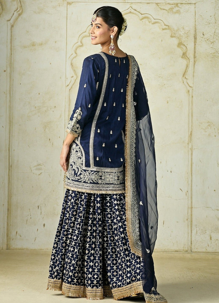 Gopi Vaid Navy Blue Tussar Kurta Sharara SetFabilicious Fashion