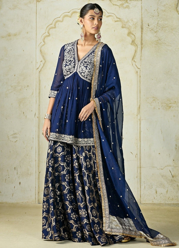 Gopi Vaid Navy Blue Tussar Peplum Kurta Sharara SetFabilicious Fashion