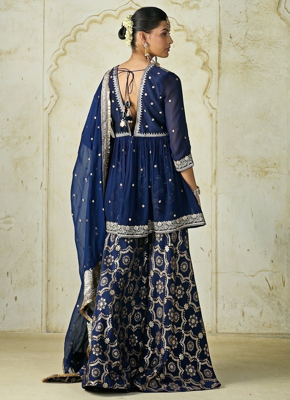 Gopi Vaid Navy Blue Tussar Peplum Kurta Sharara SetFabilicious Fashion