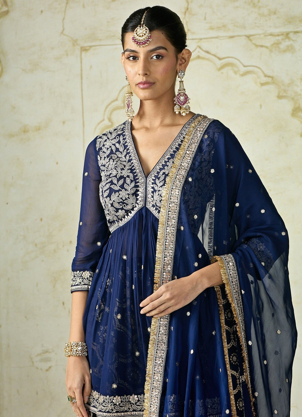 Gopi Vaid Navy Blue Tussar Peplum Kurta Sharara SetFabilicious Fashion
