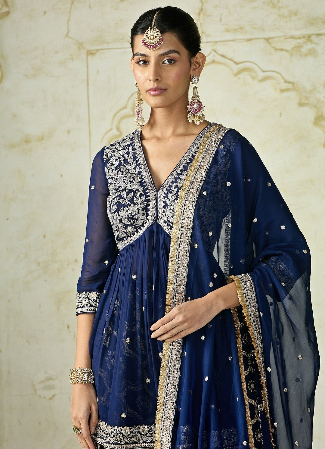 Gopi Vaid Navy Blue Tussar Peplum Kurta Sharara SetFabilicious Fashion
