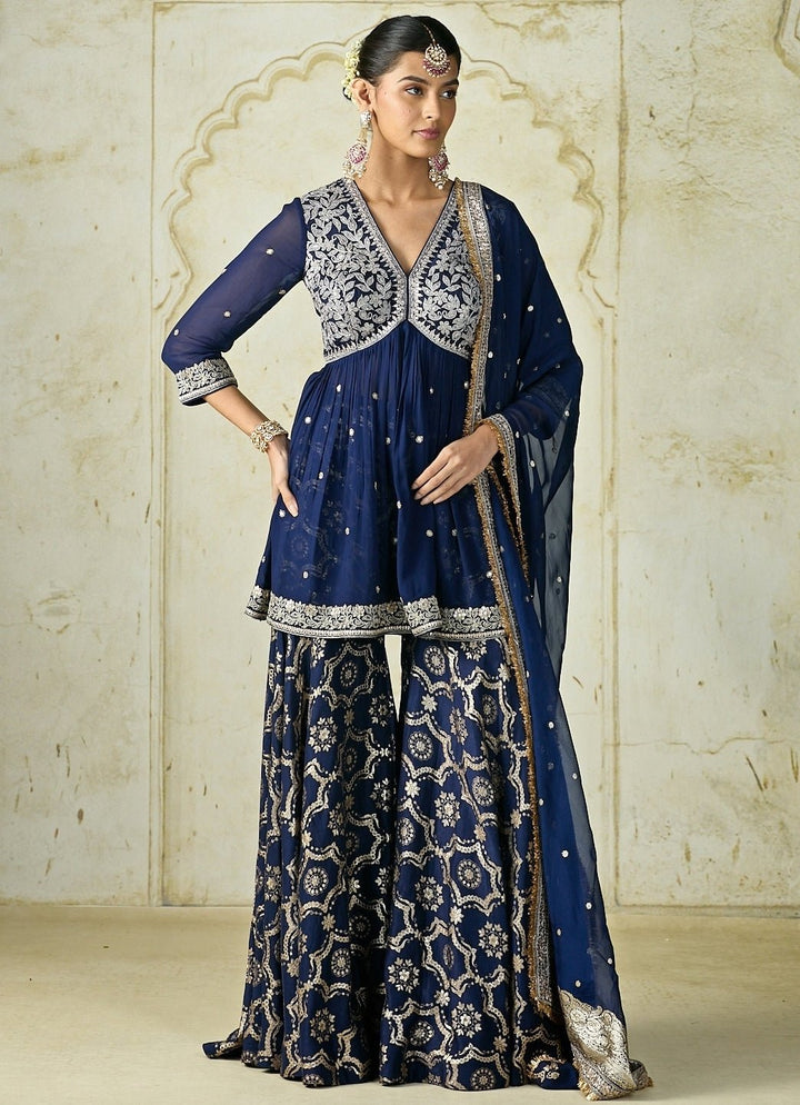 Gopi Vaid Navy Blue Tussar Peplum Kurta Sharara SetFabilicious Fashion