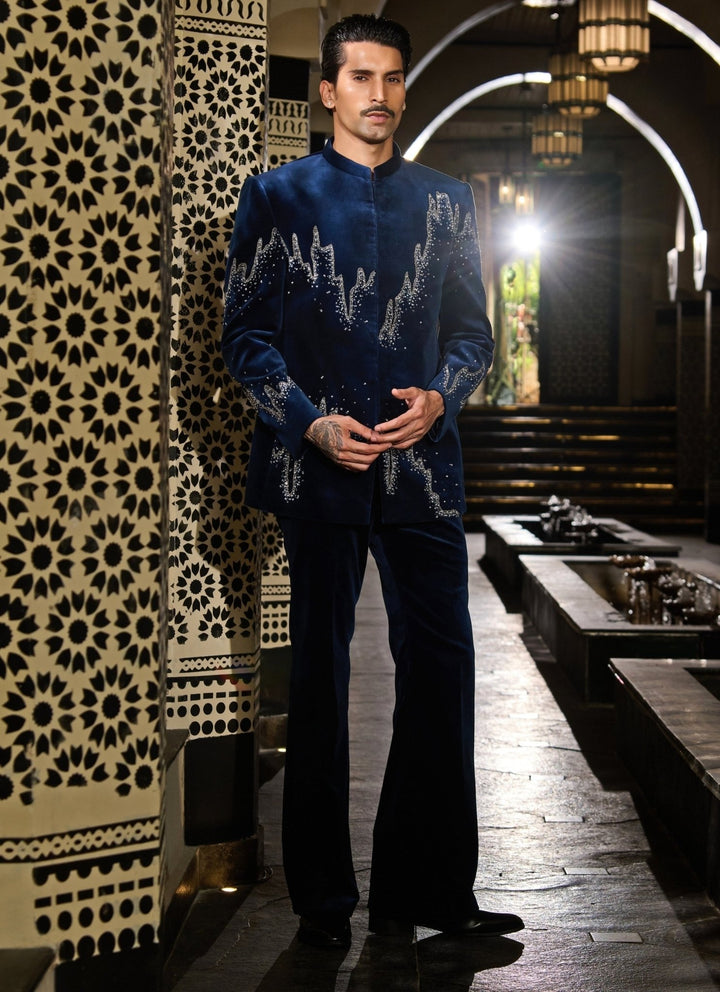 Contrast by Parth Navy Blue Velvet Bandhgala SetFabilicious Fashion