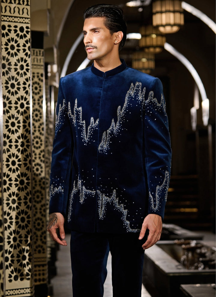 Contrast by Parth Navy Blue Velvet Bandhgala SetFabilicious Fashion
