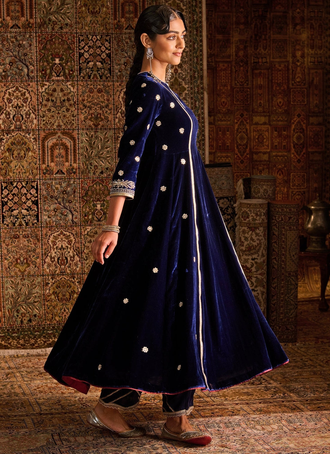 Zoon Tribe Navy Blue Velvet Kurta Pants Set With Contrast DupattaFabilicious Fashion
