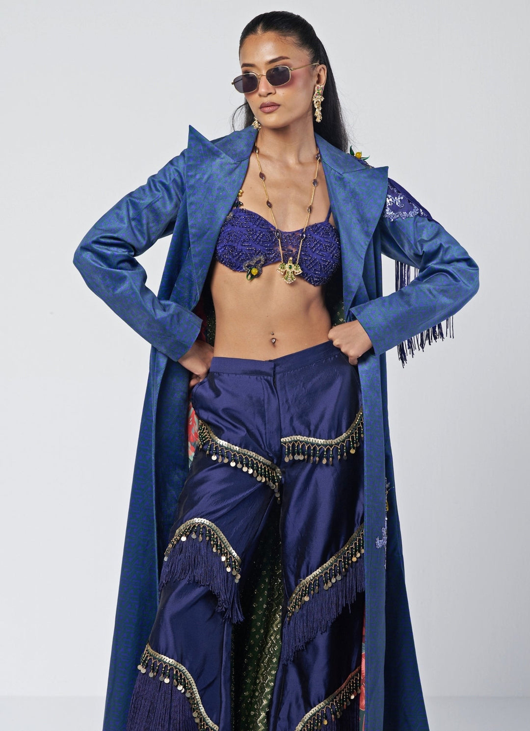 Rishi and Vibhuti Navy Blue Velvet Trench Coat And Pants SetFabilicious Fashion