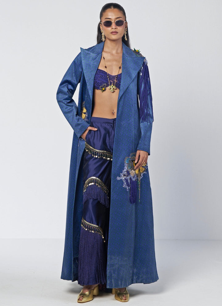 Rishi and Vibhuti Navy Blue Velvet Trench Coat And Pants SetFabilicious Fashion