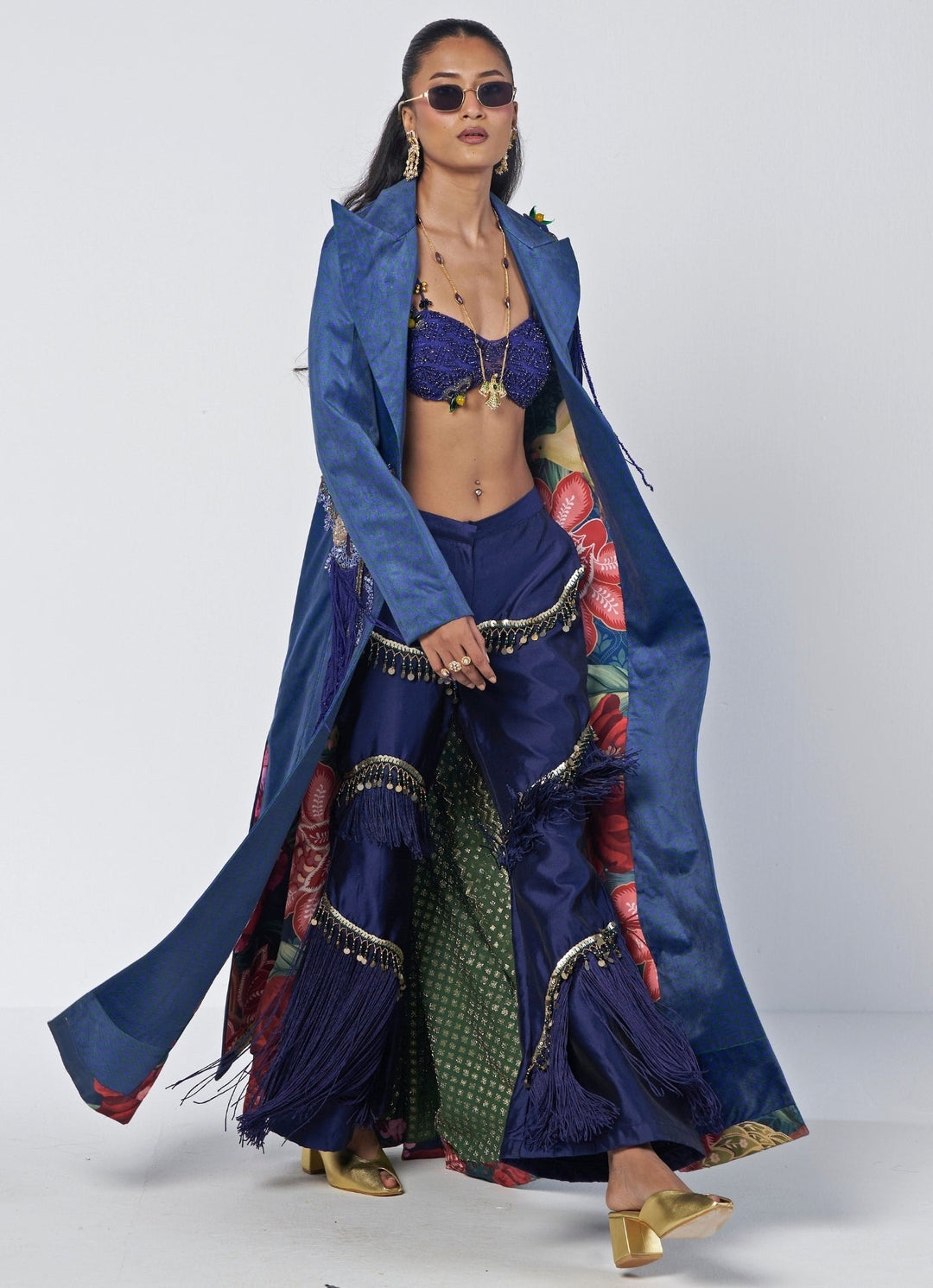Rishi and Vibhuti Navy Blue Velvet Trench Coat And Pants SetFabilicious Fashion