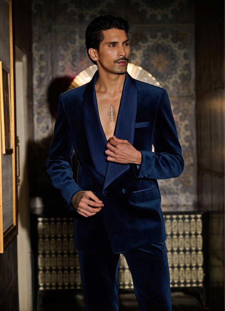 Contrast by Parth Navy Blue Velvet Tuxedo SetFabilicious Fashion