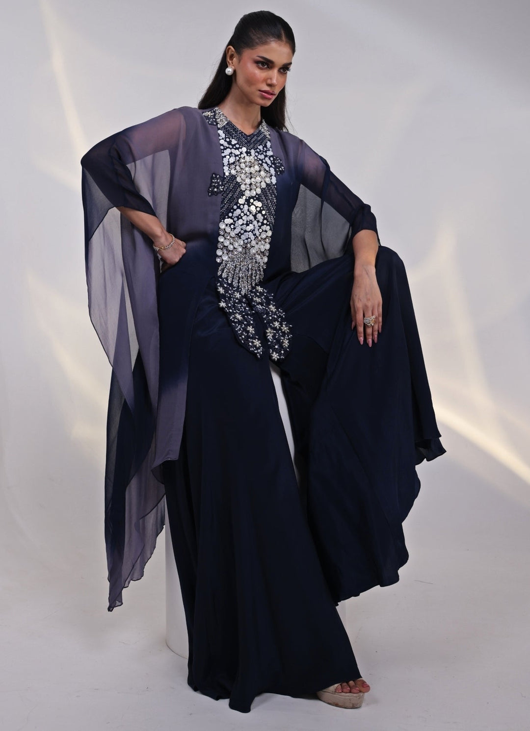 Navy Grey Shaded Georgette Kaftan Set Smriti - Fabilicious Fashion
