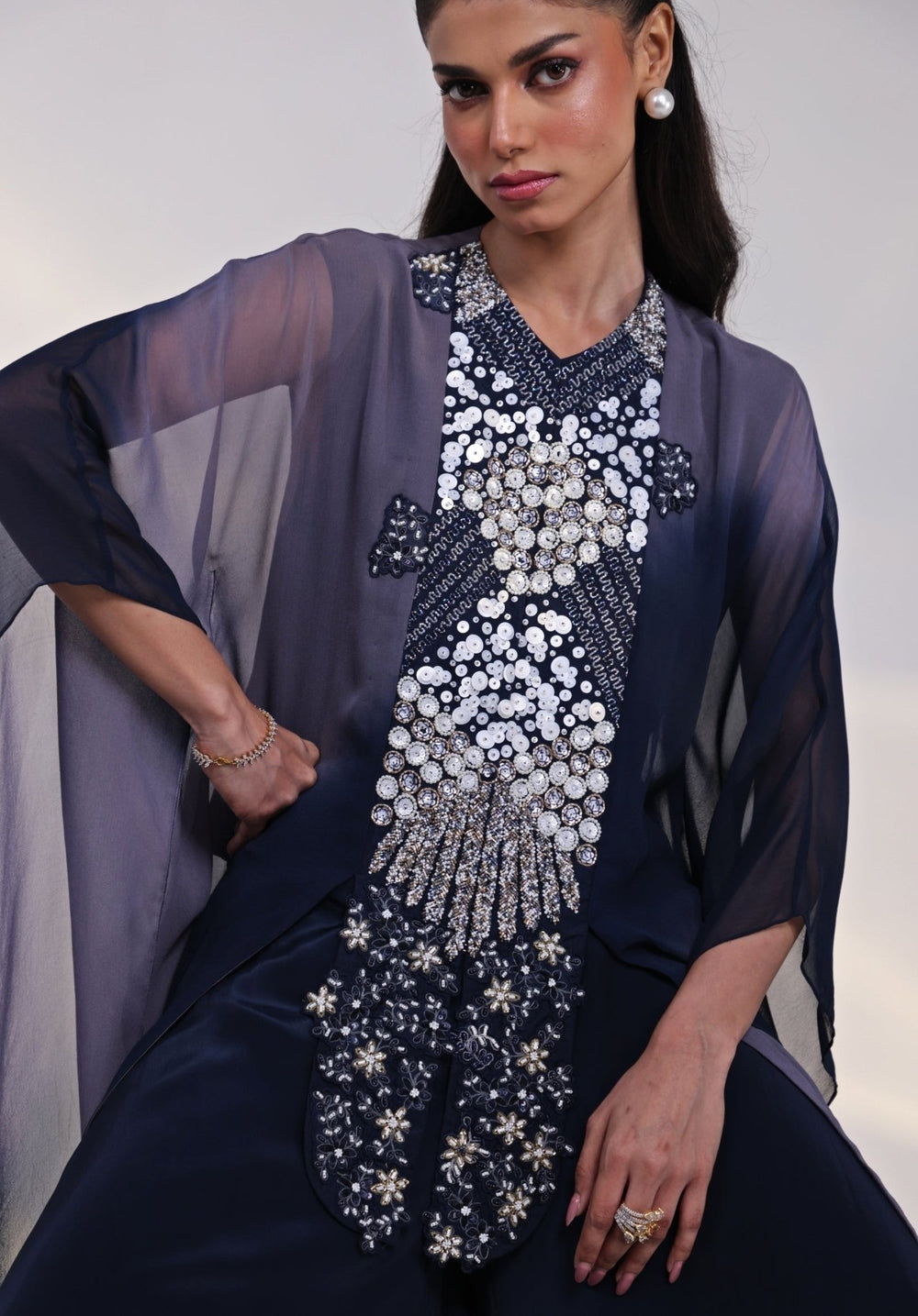 Navy Grey Shaded Georgette Kaftan Set Smriti - Fabilicious Fashion