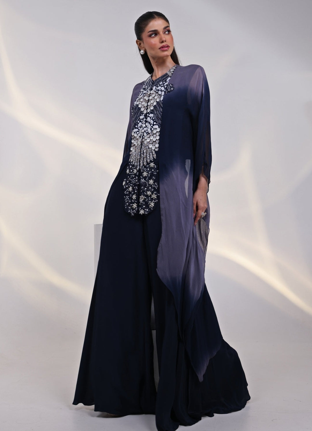 Navy Grey Shaded Georgette Kaftan Set Smriti - Fabilicious Fashion
