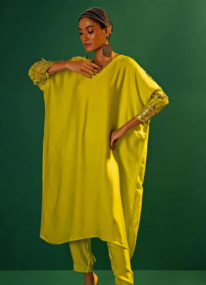 Neon Green Embroidered Anti - Fit Kurta Pant Set Prahnaaya - Fabilicious Fashion