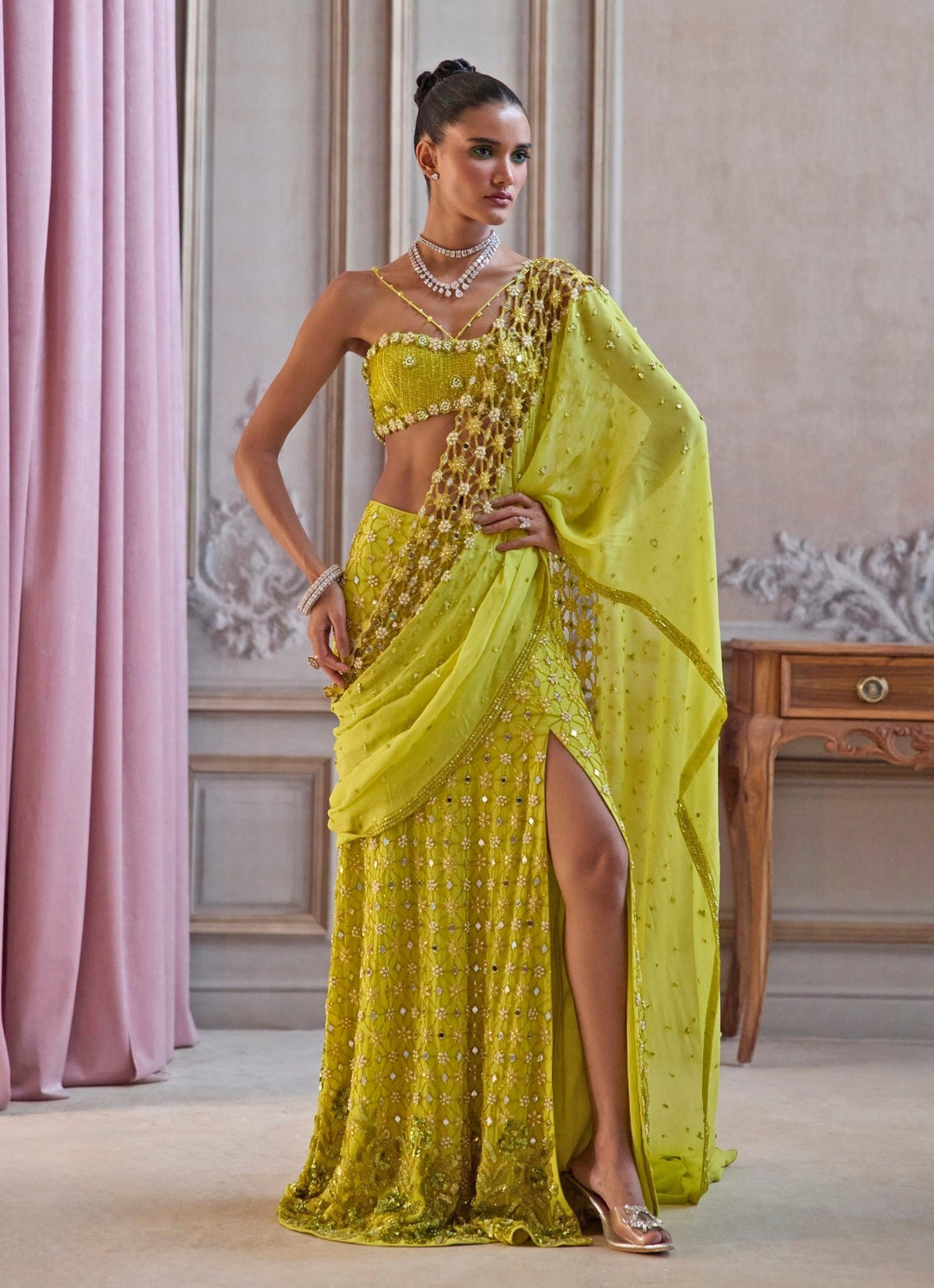 Neon Green Embroidered Georgette Pre - Draped Saree Sanya Gulati - Fabilicious Fashion