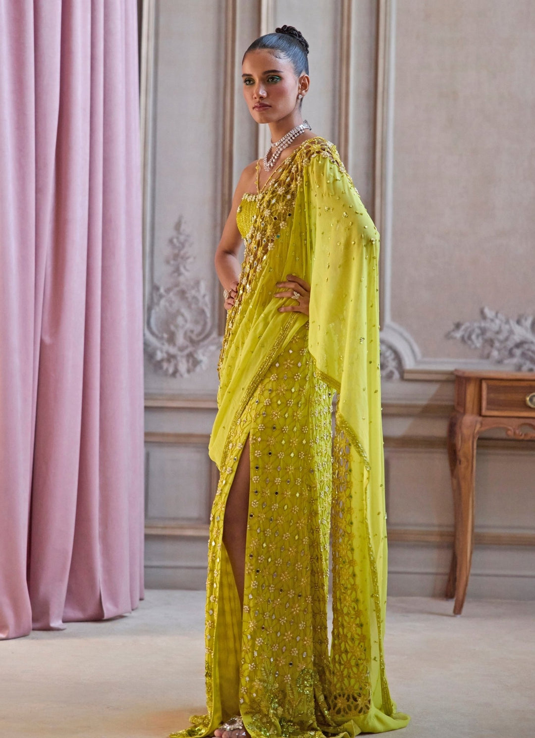 Neon Green Embroidered Georgette Pre - Draped Saree Sanya Gulati - Fabilicious Fashion