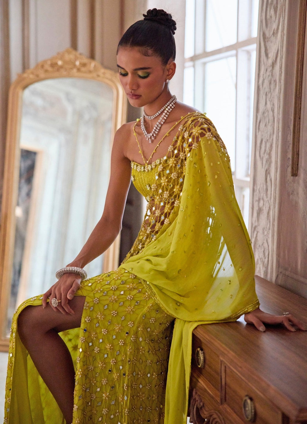 Neon Green Embroidered Georgette Pre - Draped Saree Sanya Gulati - Fabilicious Fashion