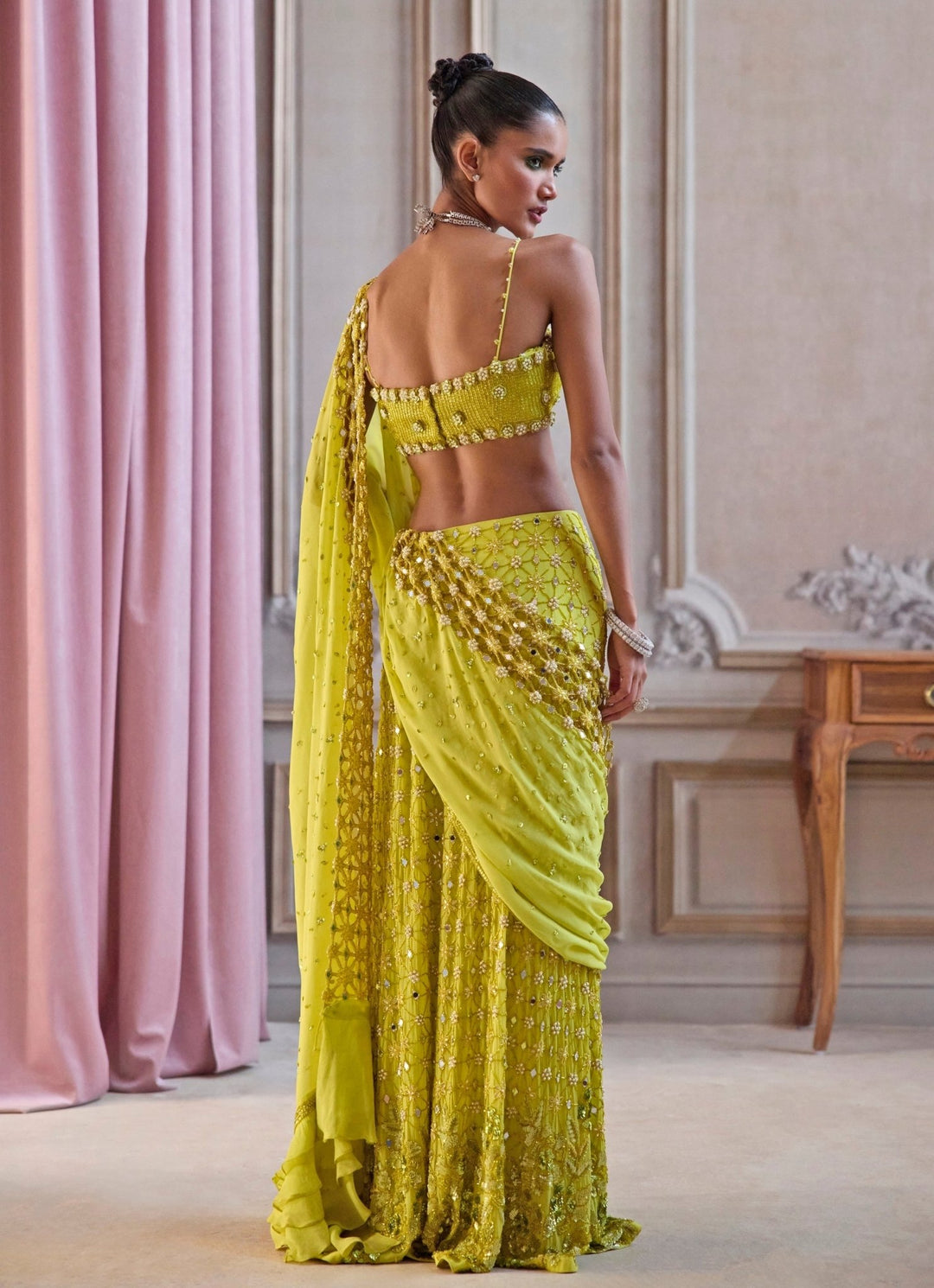 Neon Green Embroidered Georgette Pre - Draped Saree Sanya Gulati - Fabilicious Fashion