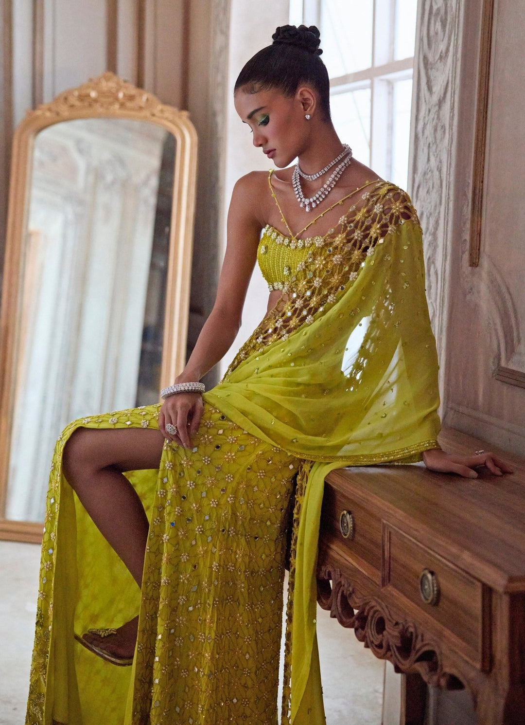 Neon Green Embroidered Georgette Pre - Draped Saree Sanya Gulati - Fabilicious Fashion