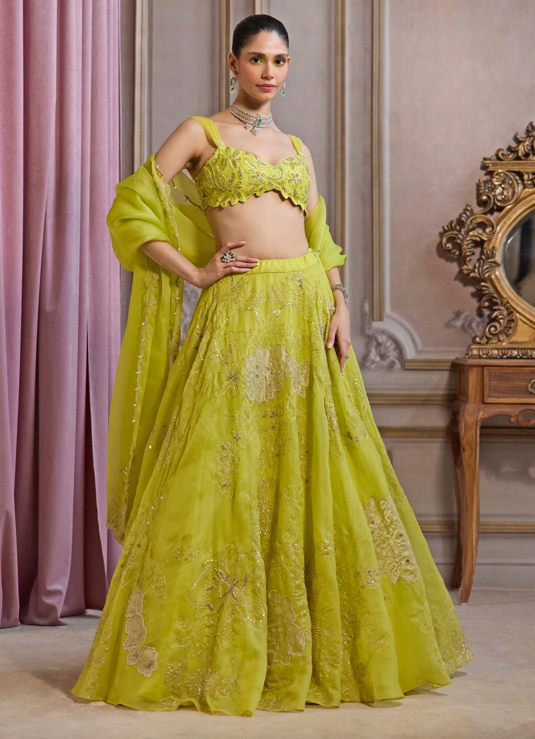 Neon Green Embroidered Organza Lehenga Set Sanya Gulati - Fabilicious Fashion