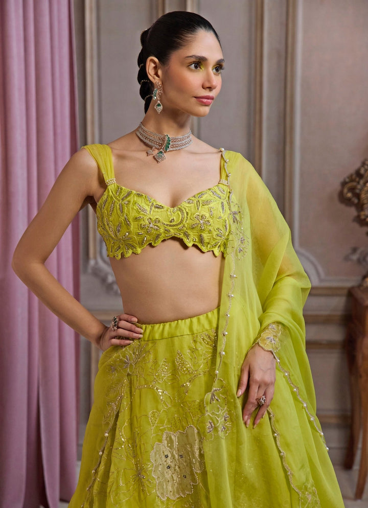 Neon Green Embroidered Organza Lehenga Set Sanya Gulati - Fabilicious Fashion