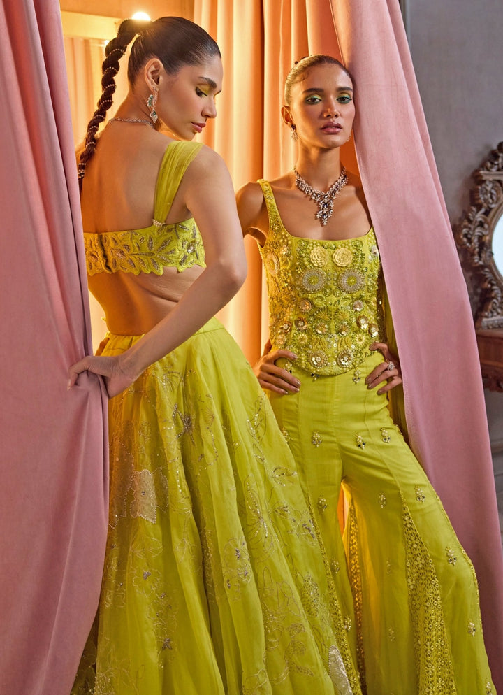 Neon Green Embroidered Organza Lehenga Set Sanya Gulati - Fabilicious Fashion