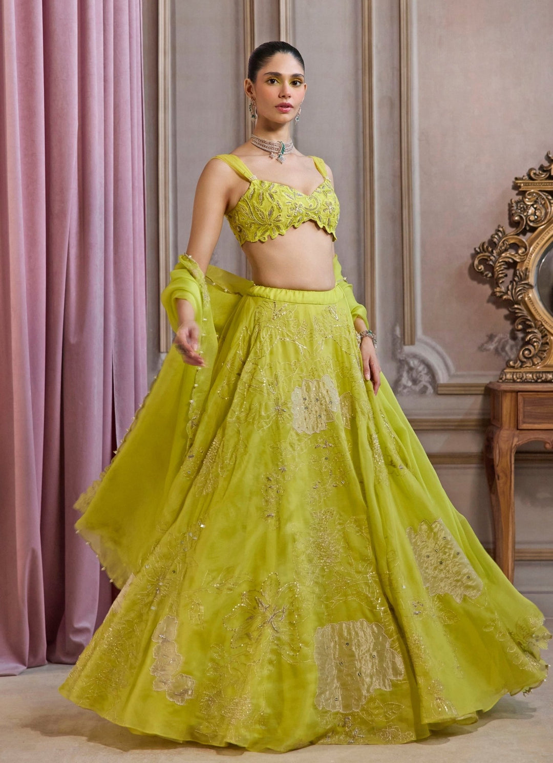 Neon Green Embroidered Organza Lehenga Set Sanya Gulati - Fabilicious Fashion