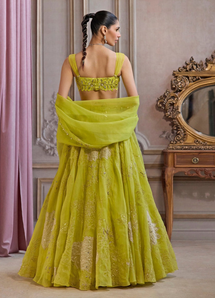 Neon Green Embroidered Organza Lehenga Set Sanya Gulati - Fabilicious Fashion