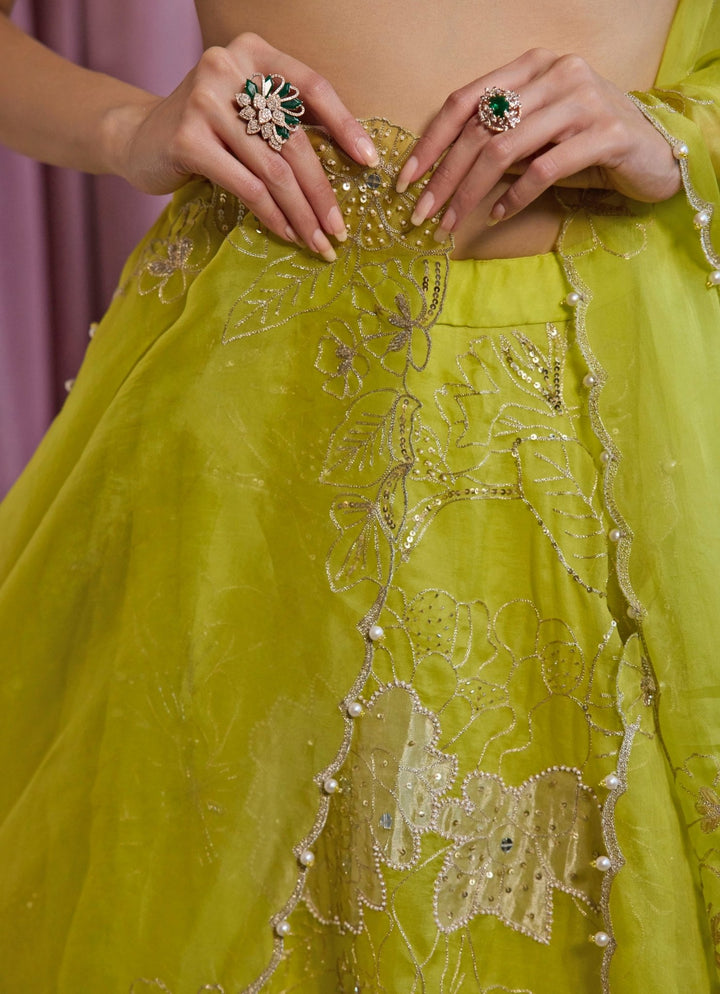 Neon Green Embroidered Organza Lehenga Set Sanya Gulati - Fabilicious Fashion