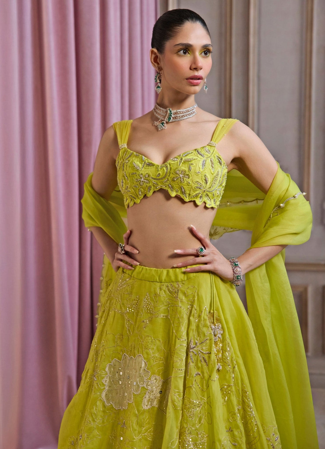 Neon Green Embroidered Organza Lehenga Set Sanya Gulati - Fabilicious Fashion