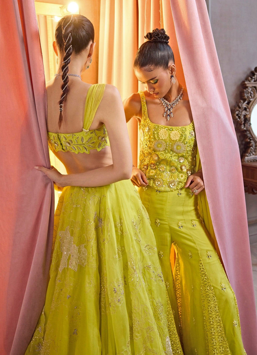 Neon Green Embroidered Organza Lehenga Set Sanya Gulati - Fabilicious Fashion