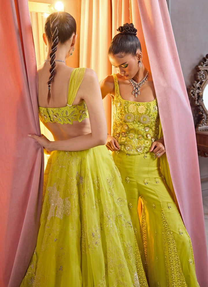 Neon Green Embroidered Organza Lehenga Set Sanya Gulati - Fabilicious Fashion
