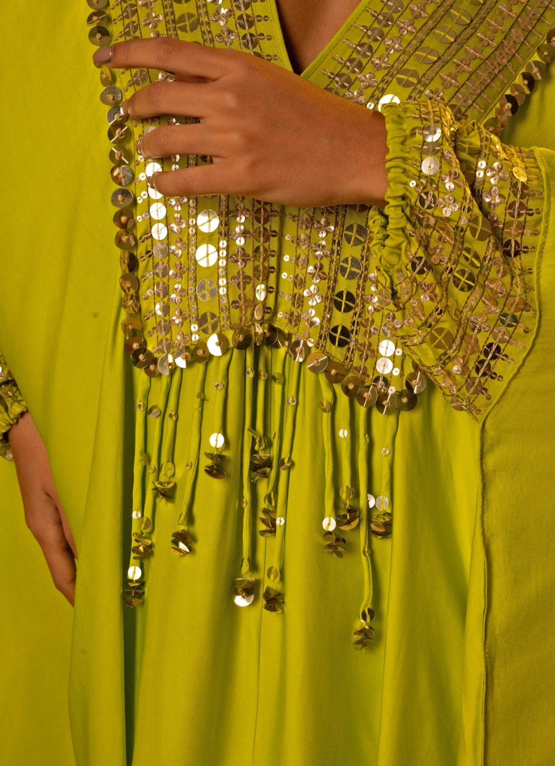 Neon Green Embroidered Satin Kaftan Set Prahnaaya - Fabilicious Fashion
