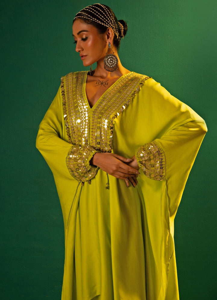 Neon Green Embroidered Satin Kaftan Set Prahnaaya - Fabilicious Fashion