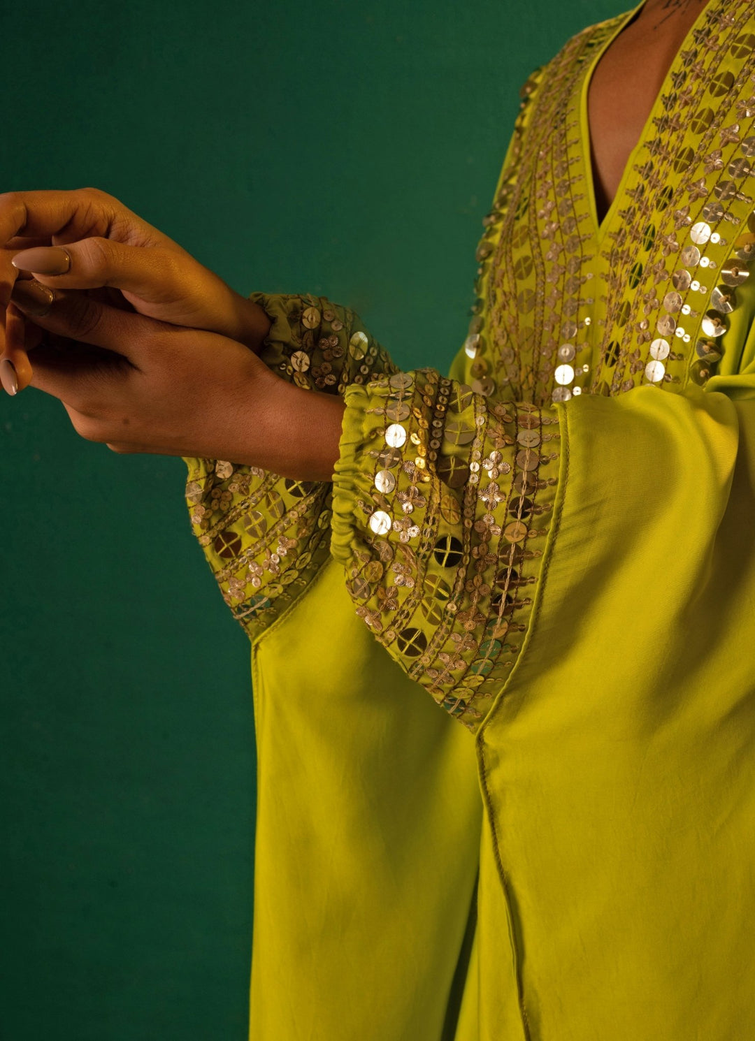 Neon Green Embroidered Satin Kaftan Set Prahnaaya - Fabilicious Fashion