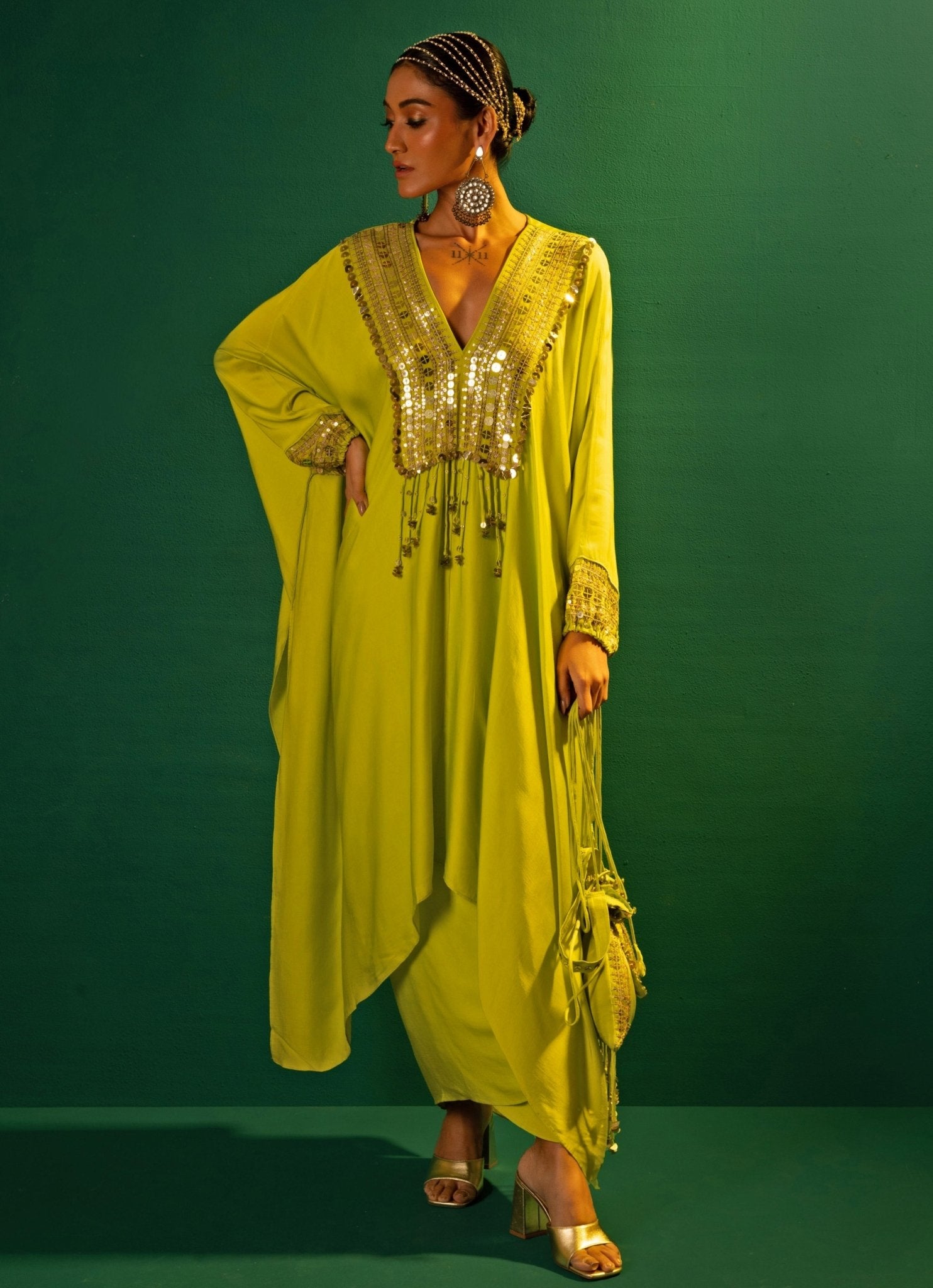 Neon Green Embroidered Satin Kaftan Set - Prahnaaya- Fabilicious