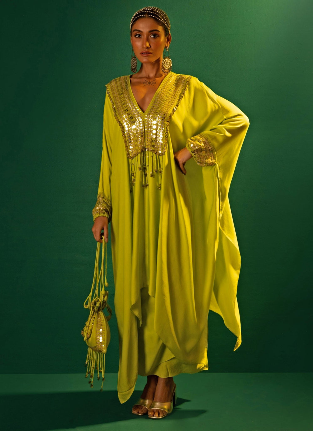 Neon Green Embroidered Satin Kaftan Set Prahnaaya - Fabilicious Fashion