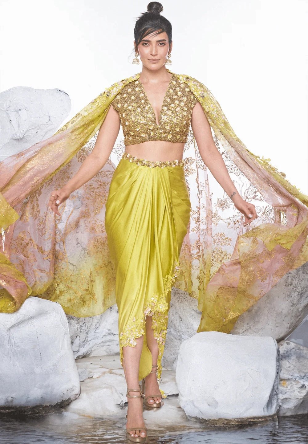 Neon Green Floral Appliqué Dhoti Skirt Set With Cape Moledro - Fabilicious Fashion