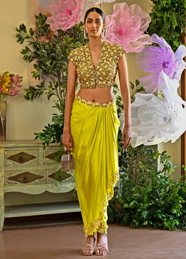 Neon Green Floral Appliqué Dhoti Skirt Set With Cape Moledro - Fabilicious Fashion