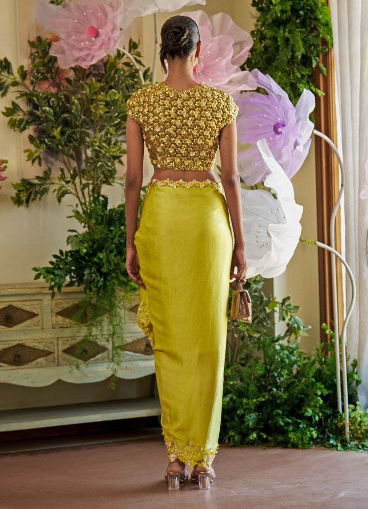 Neon Green Floral Appliqué Dhoti Skirt Set With Cape Moledro - Fabilicious Fashion