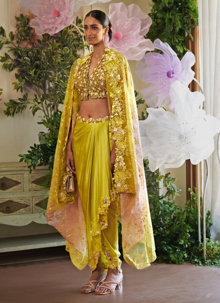 Neon Green Floral Appliqué Dhoti Skirt Set With Cape Moledro - Fabilicious Fashion