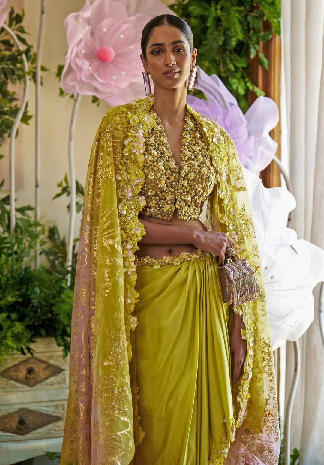 Neon Green Floral Appliqué Dhoti Skirt Set With Cape Moledro - Fabilicious Fashion