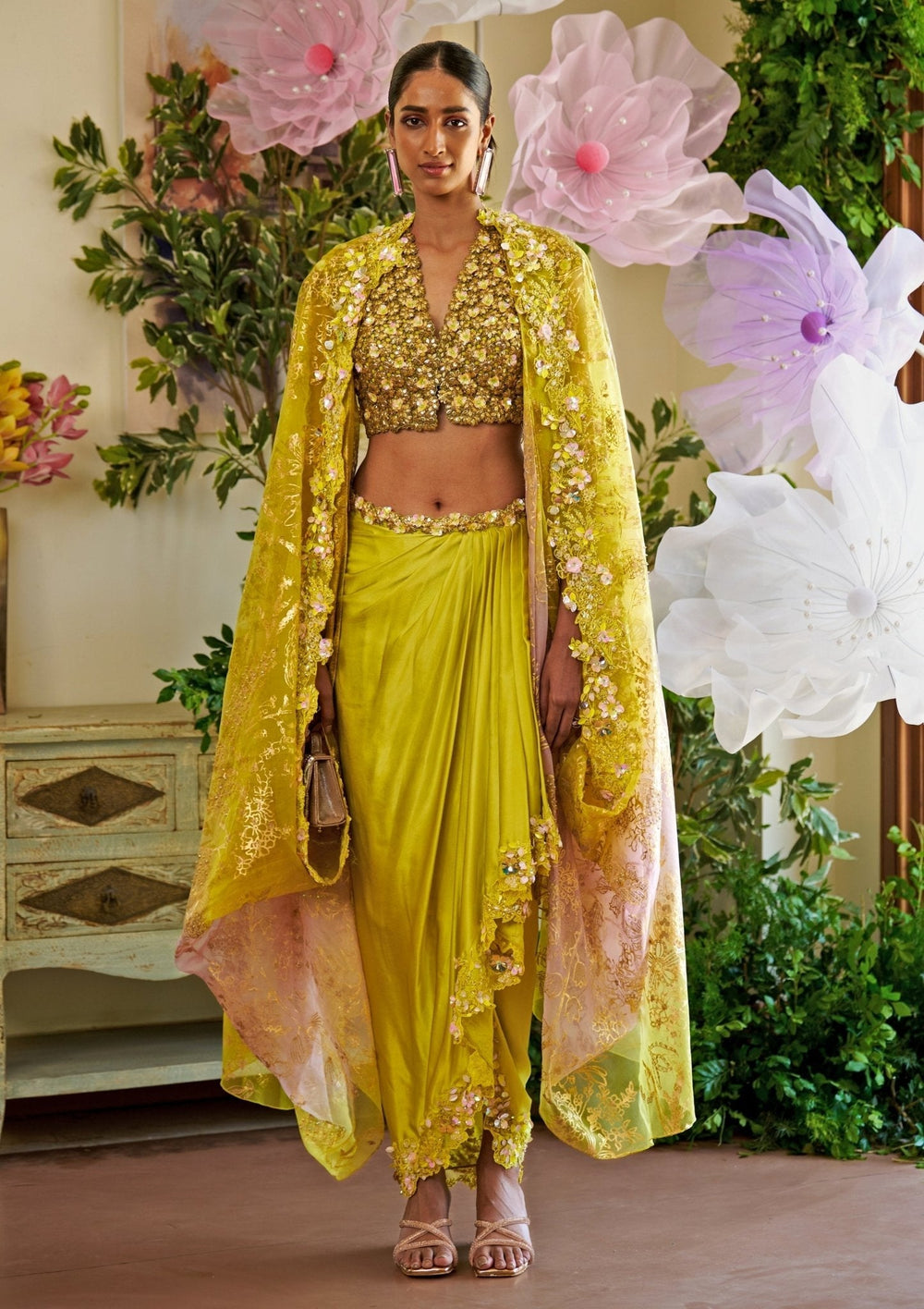 Neon Green Floral Appliqué Dhoti Skirt Set With Cape Moledro - Fabilicious Fashion
