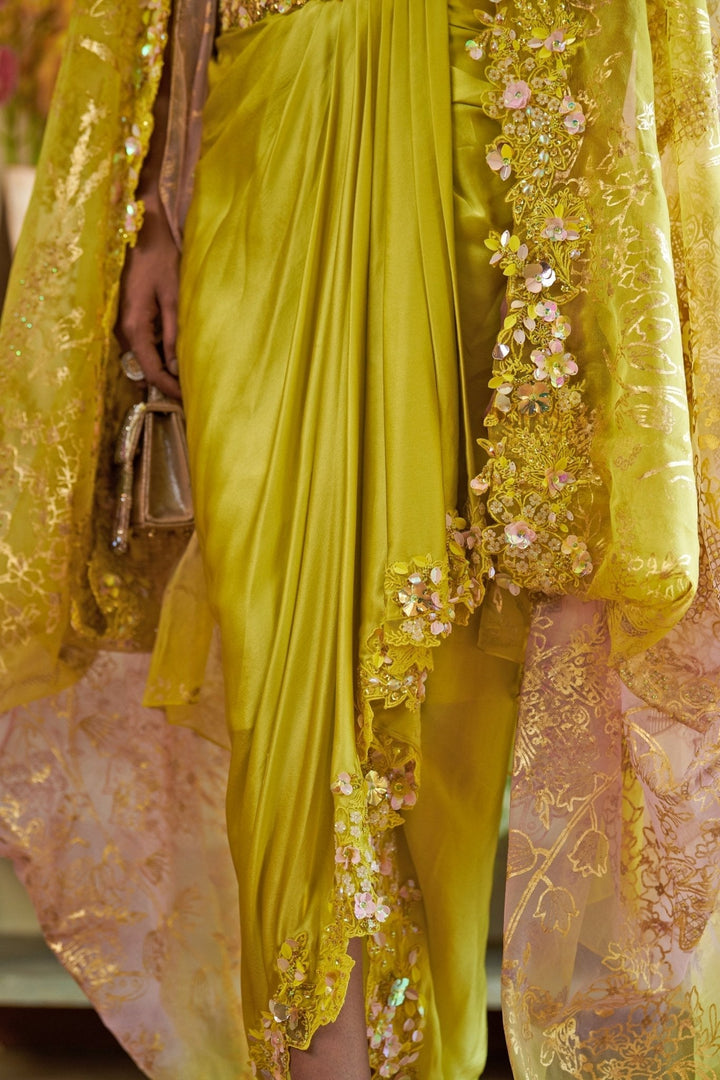 Neon Green Floral Appliqué Dhoti Skirt Set With Cape Moledro - Fabilicious Fashion