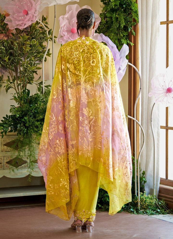 Neon Green Floral Appliqué Dhoti Skirt Set With Cape Moledro - Fabilicious Fashion