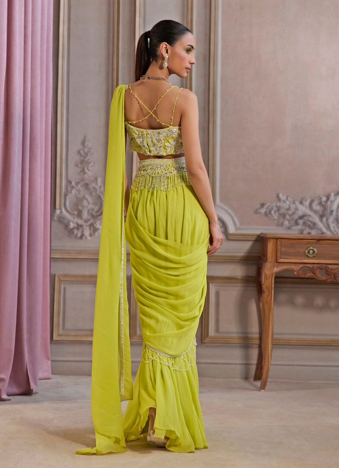Neon Green Georgette Pre - Draped Saree With Bustier Sanya Gulati - Fabilicious Fashion