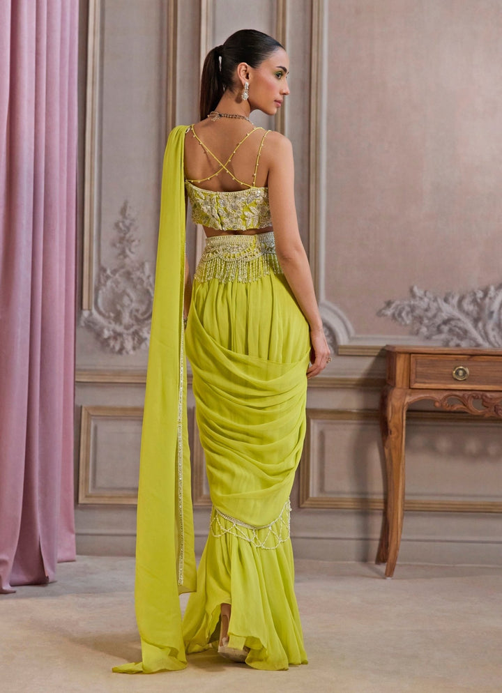Neon Green Georgette Pre - Draped Saree With Bustier Sanya Gulati - Fabilicious Fashion