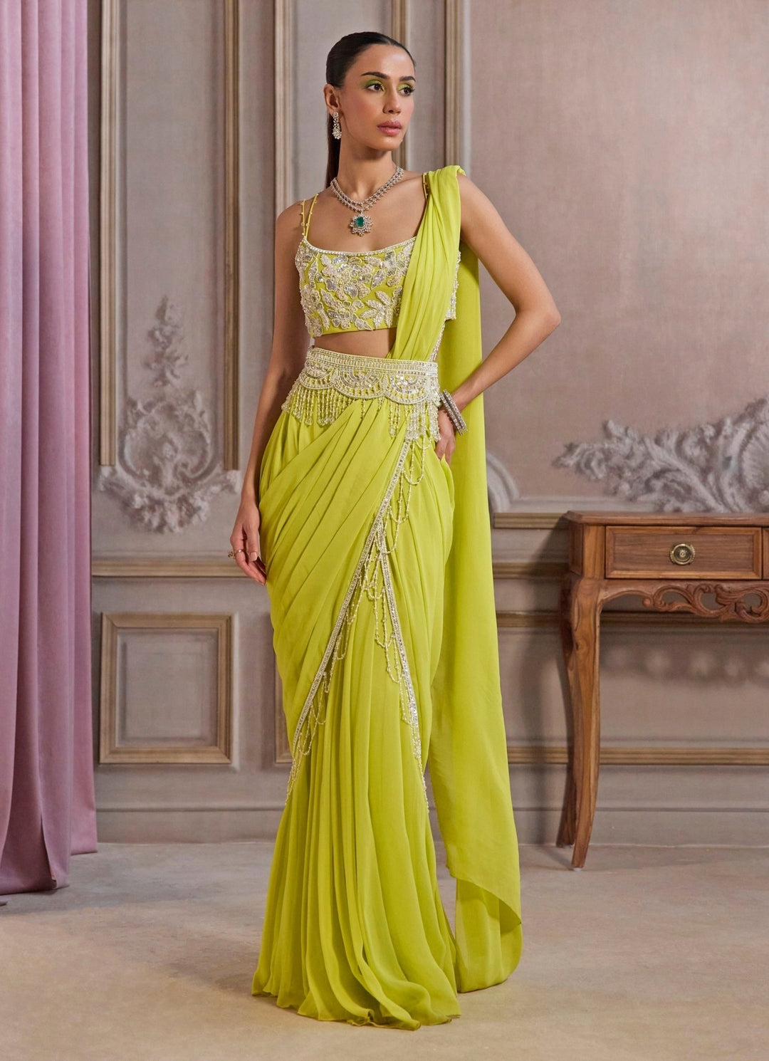 Neon Green Georgette Pre - Draped Saree With Bustier Sanya Gulati - Fabilicious Fashion