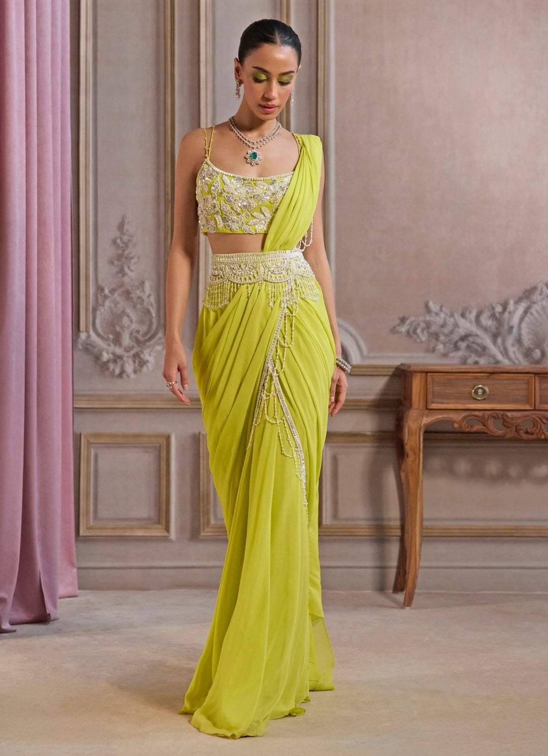 Neon Green Georgette Pre - Draped Saree With Bustier Sanya Gulati - Fabilicious Fashion