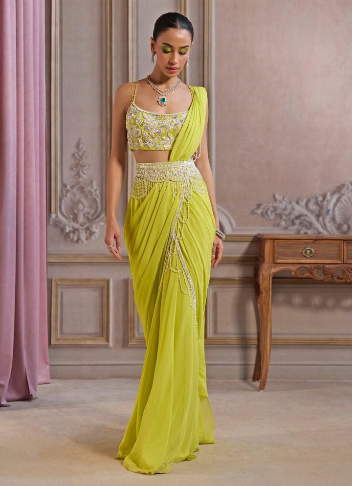 Neon Green Georgette Pre - Draped Saree With Bustier Sanya Gulati - Fabilicious Fashion